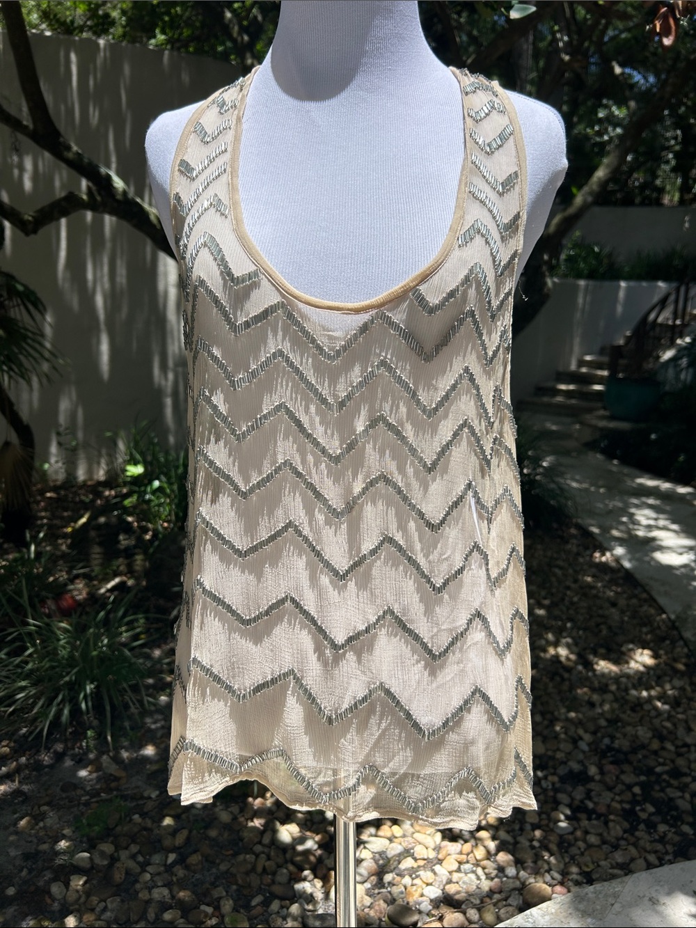 Chan Luu Beige Tank Top with Silver Chevron Beading